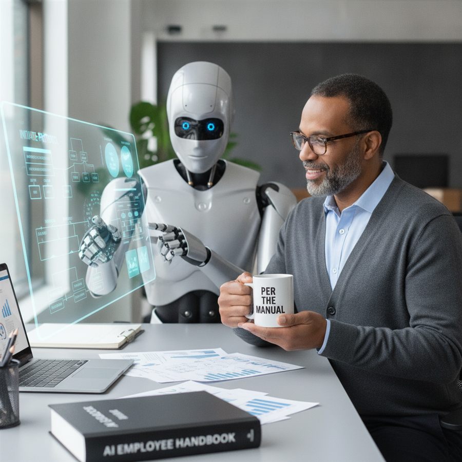 A business owner reviewing plans with his AI employee